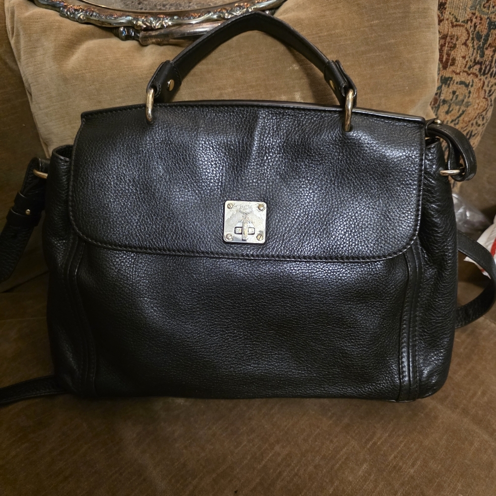 MCM Black Pebbled Leather Flap Medium Top Handle Bag w/ Strap